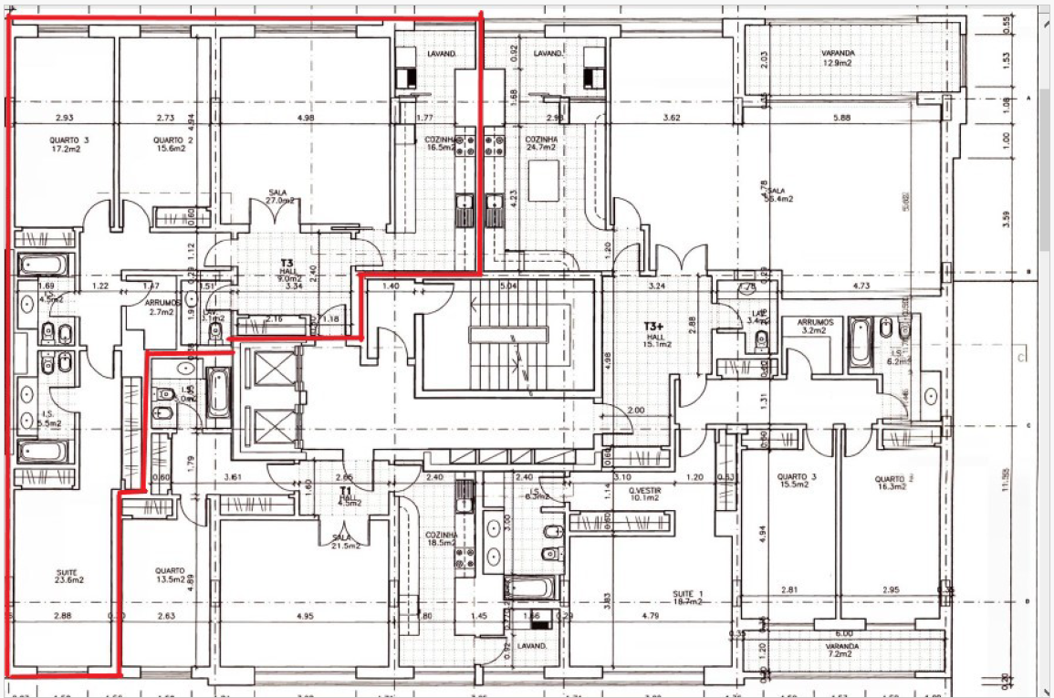 Planta do piso com a fração delimitada a vermelho